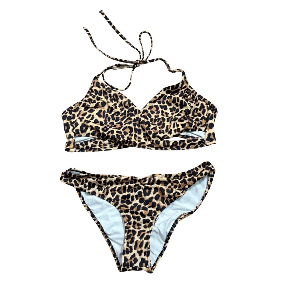 Y2K Rare Victoria's Secret PINK Leopard Print Bikini Set Wrap Halter Top L Small